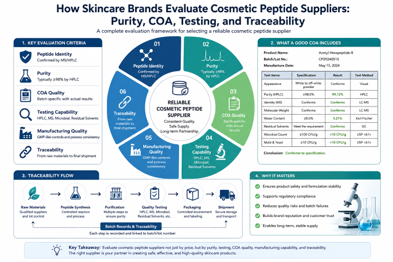 How Skincare Brands Evaluate Cosmetic Peptide Suppliers: Purity, COA, Testing, and Traceability