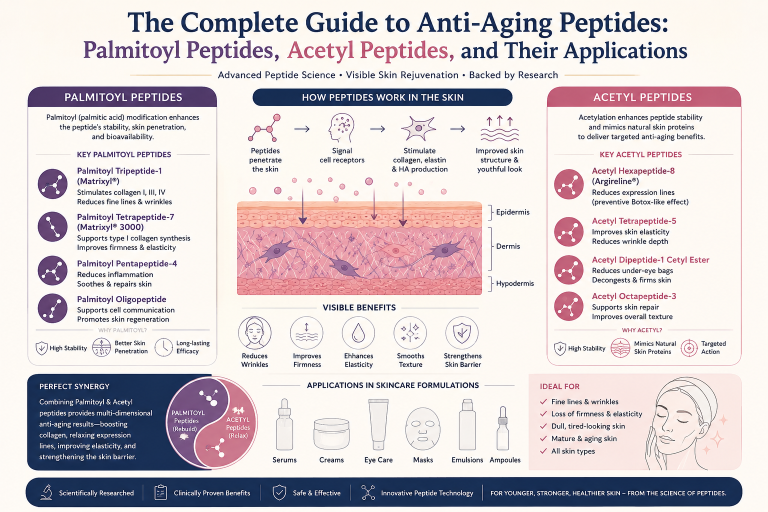 The Complete Guide to Anti-Aging Peptides: Palmitoyl Peptides, Acetyl Peptides, and Their Applications